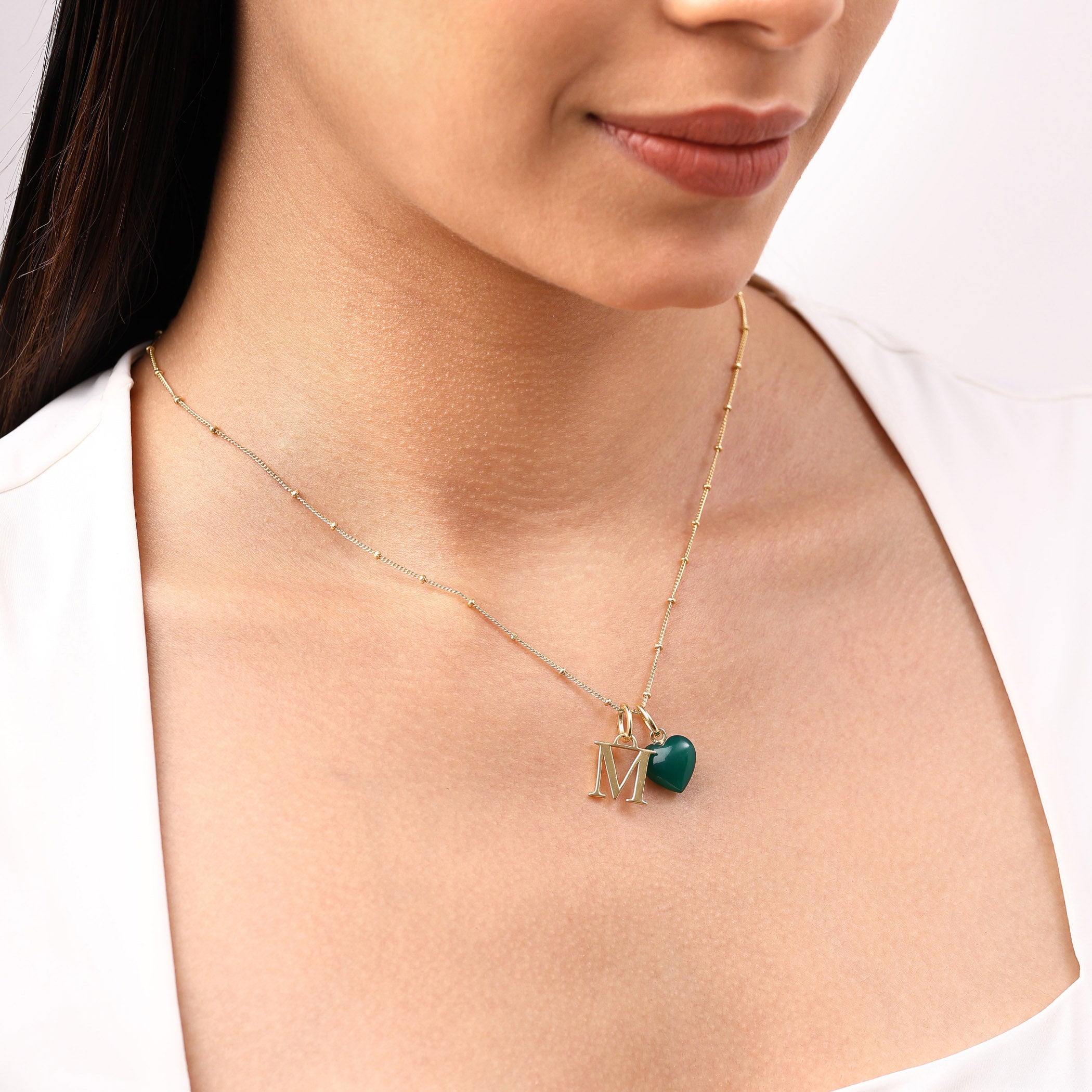 Green Onyx - Personalised Initial & Heart Necklace (May Birthstone)